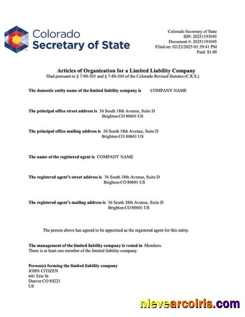 USA Colorado articles of organization, version 2